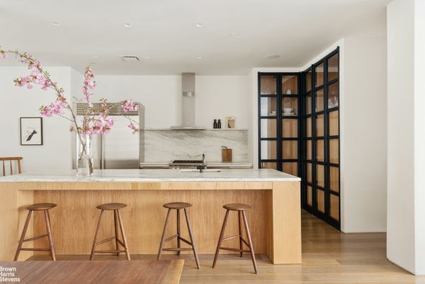 Interior, Kitchen, Marble Walls, Recessed Lighting, Wood Texture Flooring