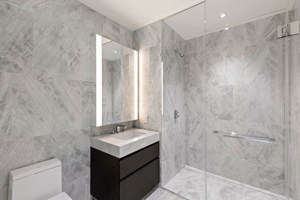 Bathroom, Glass Shower, Interior, Marble Walls, Recessed Lighting