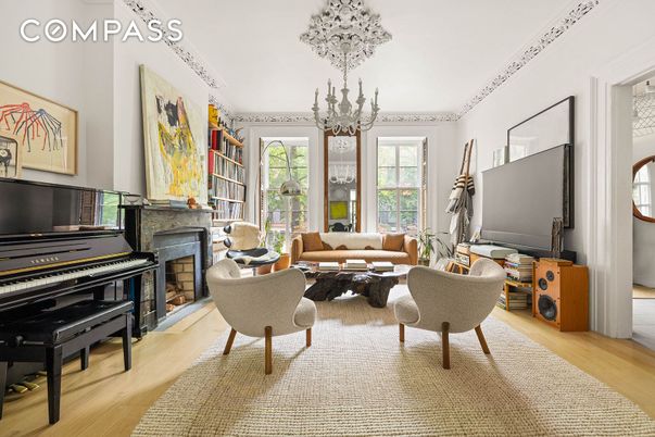 Chandelier, Fireplace, Interior, Living room, Piano, Wood Texture Flooring
