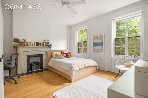 Bedroom, Fireplace, Interior, Recessed Lighting, Wood Texture Flooring