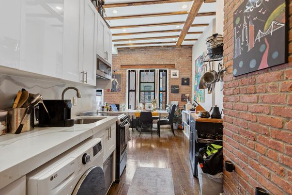 Dining room, Interior, Kitchen, Recessed Lighting, Stone Walls, Wooden Beams, Wood Texture Flooring