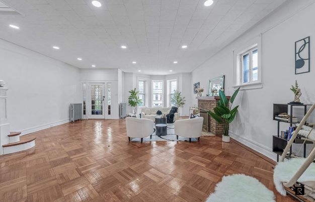 Fireplace, Interior, Living room, Recessed Lighting, Wood Texture Flooring
