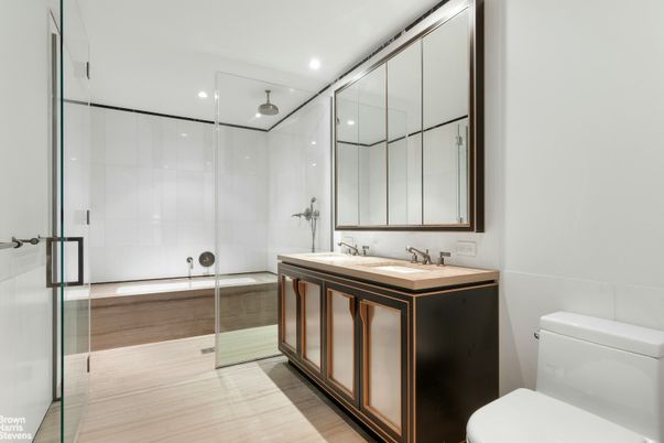 Bathroom, Glass Shower, Interior, Recessed Lighting, Wood Texture Flooring