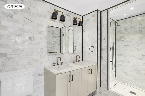 Bathroom, Dual Sink Vanities, Glass Shower, Interior, Marble, Marble Walls, Recessed Lighting