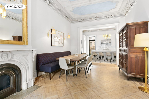 Dining room, Fireplace, Interior, Wood Texture Flooring