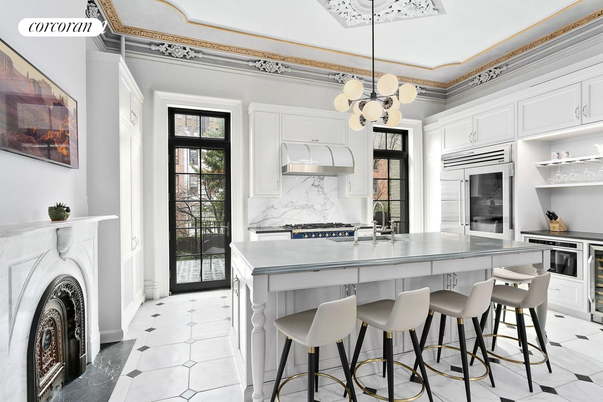 Fireplace, Interior, Kitchen, Marble Walls, Pendant Lights, Stainless Steel Appliances