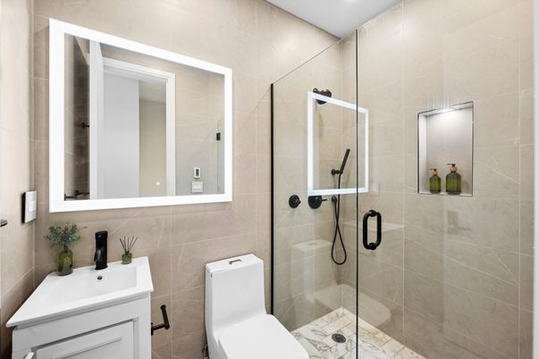 Bathroom, Glass Shower, Interior, Recessed Lighting