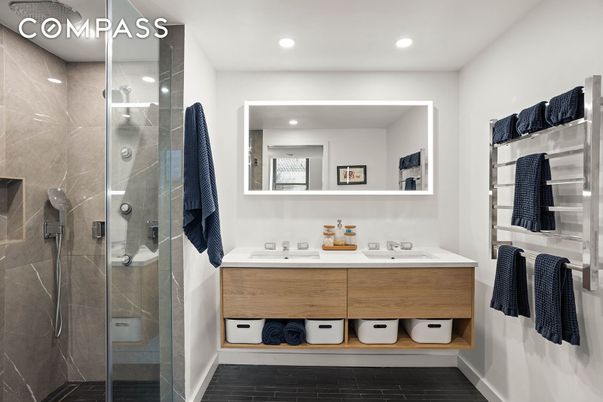 Bathroom, Dual Sink Vanities, Glass Shower, Interior, Recessed Lighting, Wood Texture Flooring