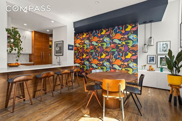 Dining room, Interior, Pendant Lights, Recessed Lighting, Wood Texture Flooring