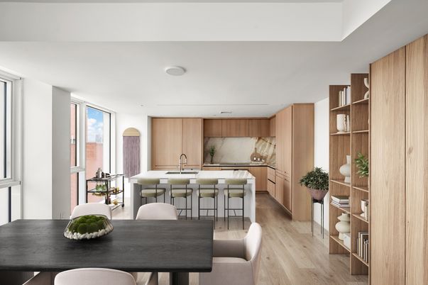 Dining room, Interior, Living room, Recessed Lighting, Wood Texture Flooring