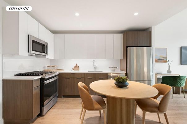 Dining room, Interior, Kitchen, Recessed Lighting, Stainless Steel Appliances, Wood Texture Flooring