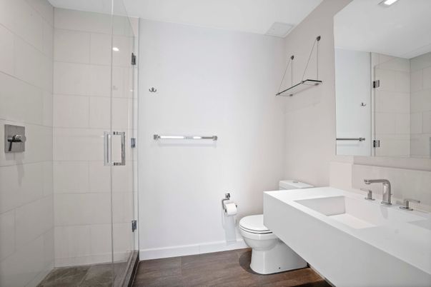Bathroom, Glass Shower, Interior, Recessed Lighting, Wood Texture Flooring