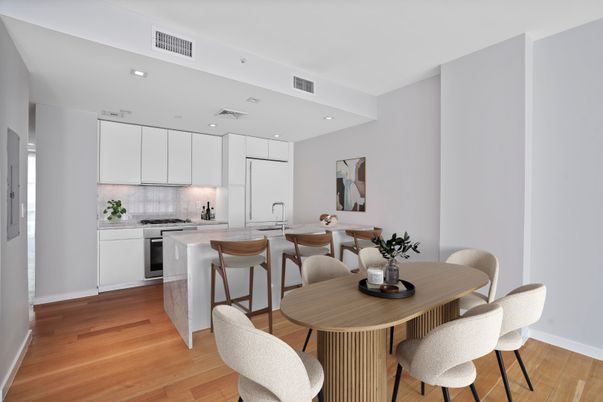 Dining room, Interior, Kitchen, Recessed Lighting, Wood Texture Flooring