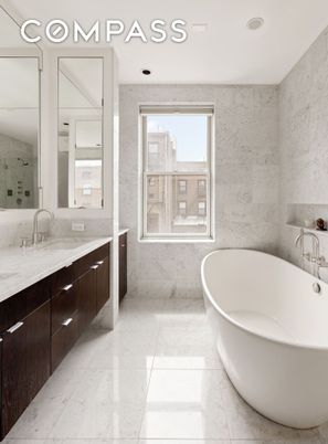 Bathroom, Dual Sink Vanities, Free Standing Baths, Interior, Marble, Marble Walls, Recessed Lighting