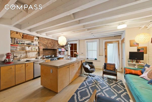 Chandelier, Interior, Kitchen, Living room, Stainless Steel Appliances, Stone Walls, Wood Texture Flooring