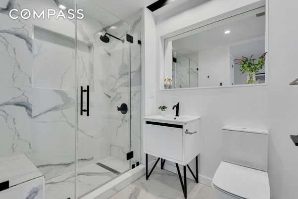 Bathroom, Glass Shower, Interior, Marble, Marble Walls, Recessed Lighting