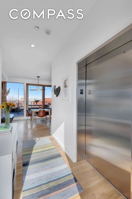 Dining room, Elevator, Interior, Pendant Lights, Recessed Lighting, Wood Texture Flooring