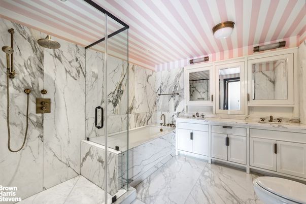 Bathroom, Dual Sink Vanities, Glass Shower, Interior, Marble, Marble Walls
