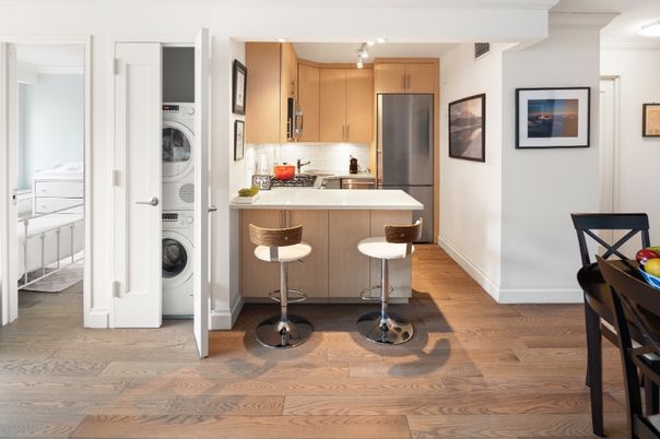 Interior, Kitchen, Recessed Lighting, Utility Closets, Washer, Wood Texture Flooring