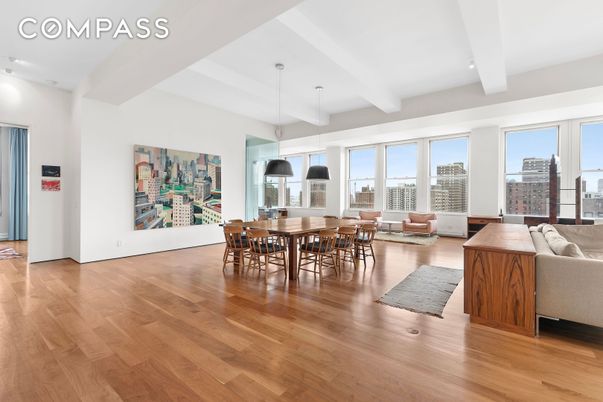 Dining room, Interior, Living room, Pendant Lights, Recessed Lighting, Wood Texture Flooring