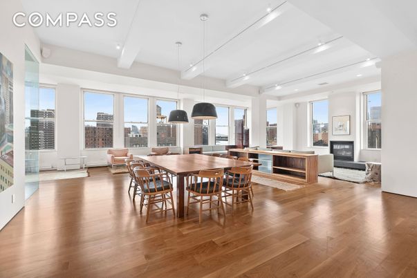 Dining room, Fireplace, Interior, Pendant Lights, Recessed Lighting, Wood Texture Flooring