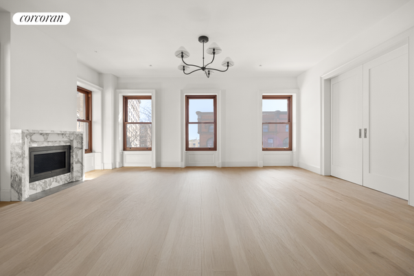 Chandelier, Empty room, Fireplace, Interior, Wood Texture Flooring