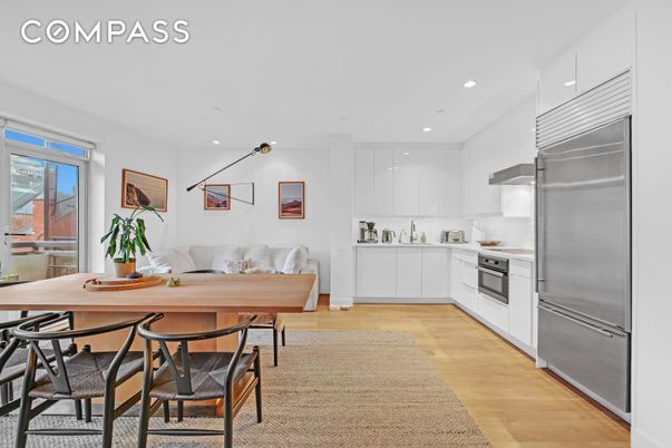 Dining room, Interior, Kitchen, Living room, Recessed Lighting, Stainless Steel Appliances, Wood Texture Flooring