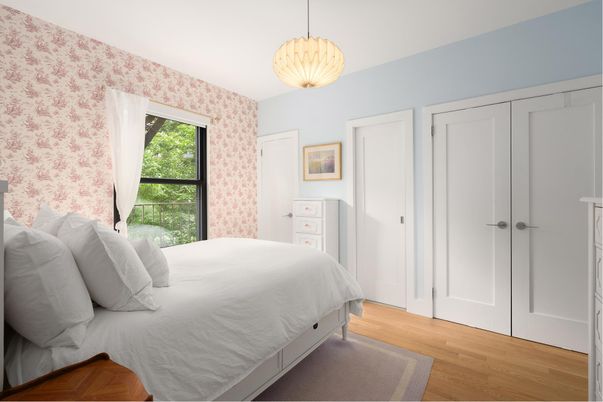Bedroom, Interior, Pendant Lights, Wood Texture Flooring