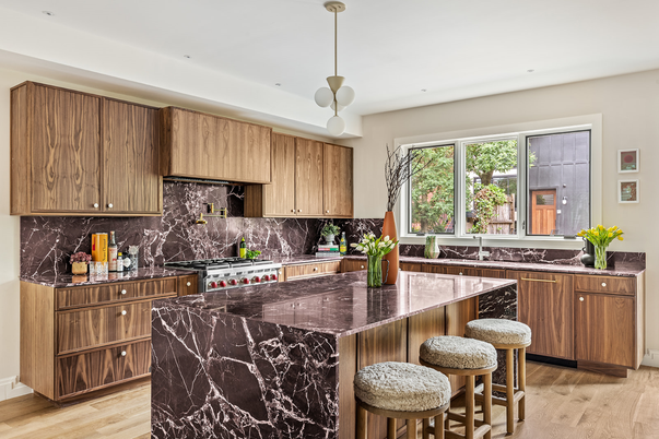 Interior, Kitchen, Marble Walls, Pendant Lights, Recessed Lighting, Stainless Steel Appliances, Wood Texture Flooring
