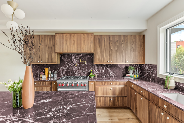 Interior, Kitchen, Marble Walls, Recessed Lighting, Wood Texture Flooring