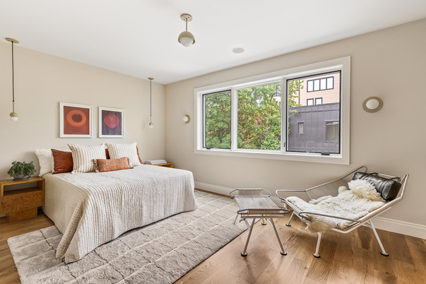 Bedroom, Interior, Pendant Lights, Wood Texture Flooring