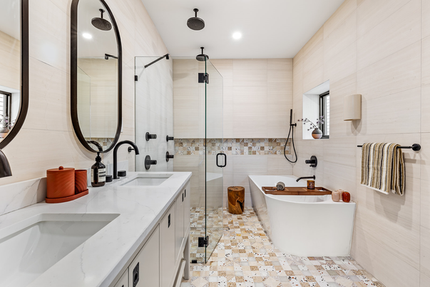 Bathroom, Dual Sink Vanities, Free Standing Baths, Glass Shower, Interior, Recessed Lighting