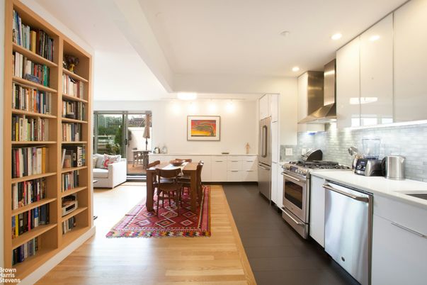 Dining room, Interior, Kitchen, Recessed Lighting, Stainless Steel Appliances, Wood Texture Flooring