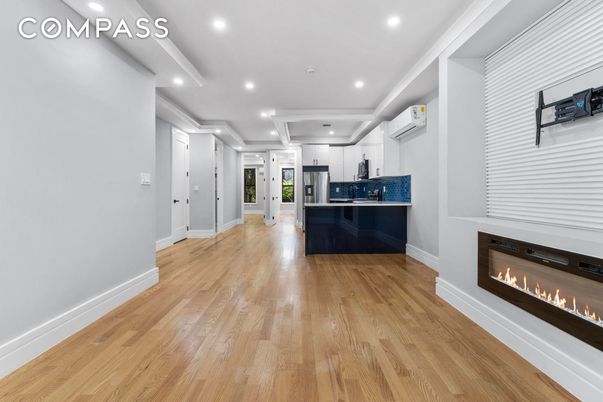 Fireplace, Interior, Recessed Lighting, Wood Texture Flooring