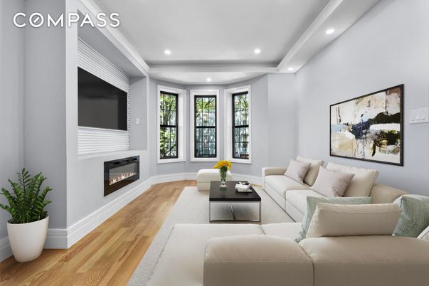 Fireplace, Interior, Living room, Recessed Lighting, Wood Texture Flooring