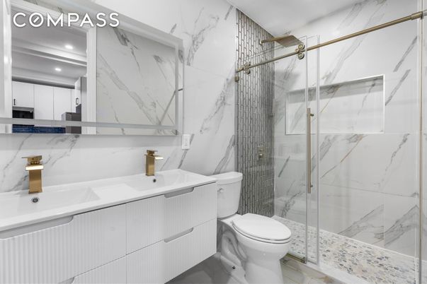 Bathroom, Glass Shower, Interior, Marble Walls, Recessed Lighting