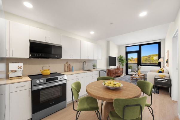 Dining room, Interior, Kitchen, Living room, Recessed Lighting, Stainless Steel Appliances, Wood Texture Flooring