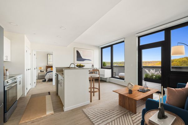Interior, Kitchen, Living room, Recessed Lighting, Stainless Steel Appliances, Water, Wood Texture Flooring