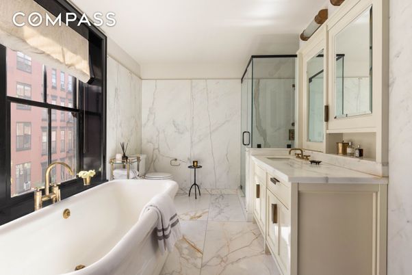 Bathroom, Dual Sink Vanities, Free Standing Baths, Glass Shower, Interior, Marble, Marble Walls