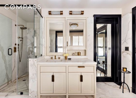 Bathroom, Dual Sink Vanities, Glass Shower, Interior, Marble, Marble Walls