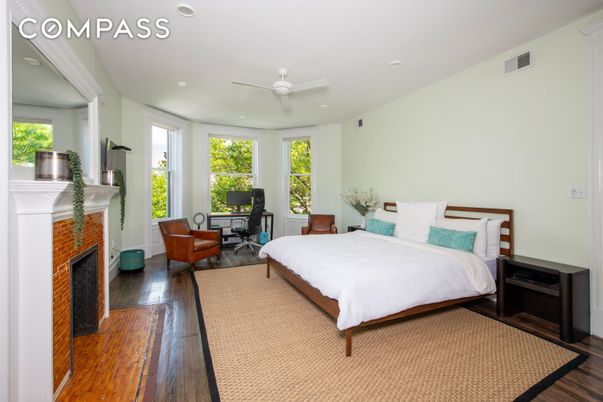 Bedroom, Fireplace, Home Office, Interior, Recessed Lighting, Wood Texture Flooring