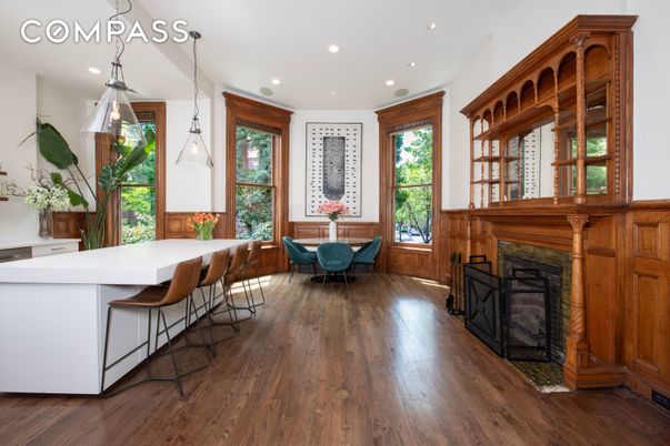 Dining room, Fireplace, Interior, Pendant Lights, Recessed Lighting, Wood Texture Flooring