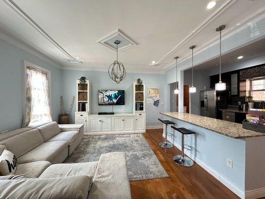 Interior, Kitchen, Living room, Pendant Lights, Recessed Lighting, Wood Texture Flooring