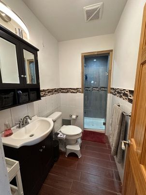Bathroom, Glass Shower, Interior, Wood Texture Flooring