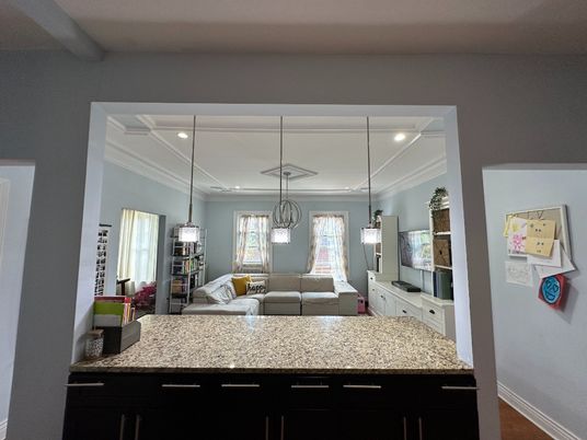 Interior, Living room, Pendant Lights, Recessed Lighting, Wood Texture Flooring