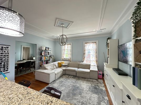 Dining room, Interior, Living room, Pendant Lights, Recessed Lighting, Wood Texture Flooring