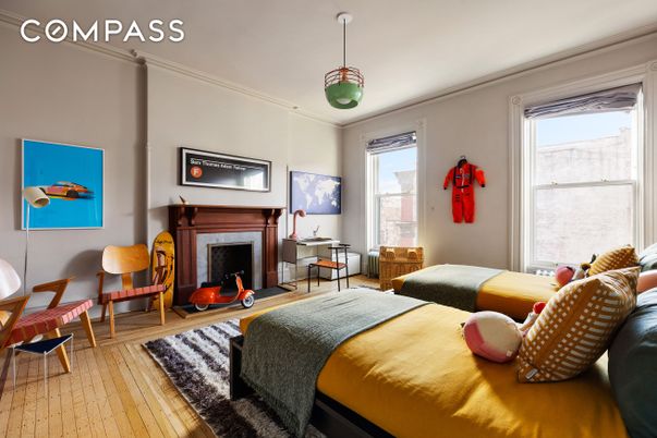 Bedroom, Fireplace, Interior, Pendant Lights, Wood Texture Flooring