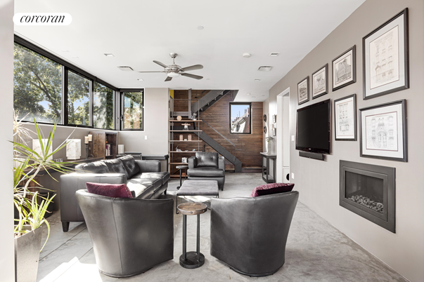 Fireplace, Interior, Living room, Recessed Lighting, Stone Walls