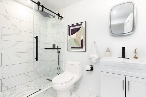 Bathroom, Glass Shower, Interior, Marble, Marble Walls, Recessed Lighting