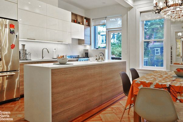 Chandelier, Interior, Kitchen, Recessed Lighting, Stainless Steel Appliances, Wood Texture Flooring